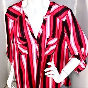 torrid Partial Button Pullover Red, Pink and Purple Striped V-Neck Tunic size 2X